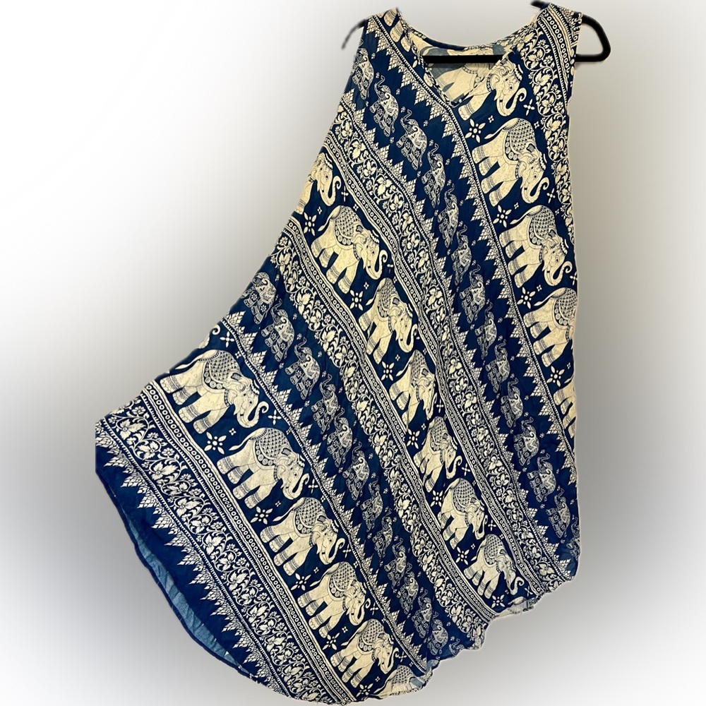Elephant Print Blue and Cream Handmade African Dress